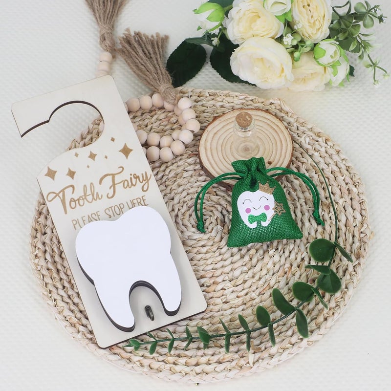 AINBIN Tooth Fairy Door Hanger, Tooth Fairy Kit Tooth Holder with Money Slot, Keepsake Bottle & Burlap Pouch for Lost Teeth, Encourage Gift for Boys Girls (Green) - Image 4